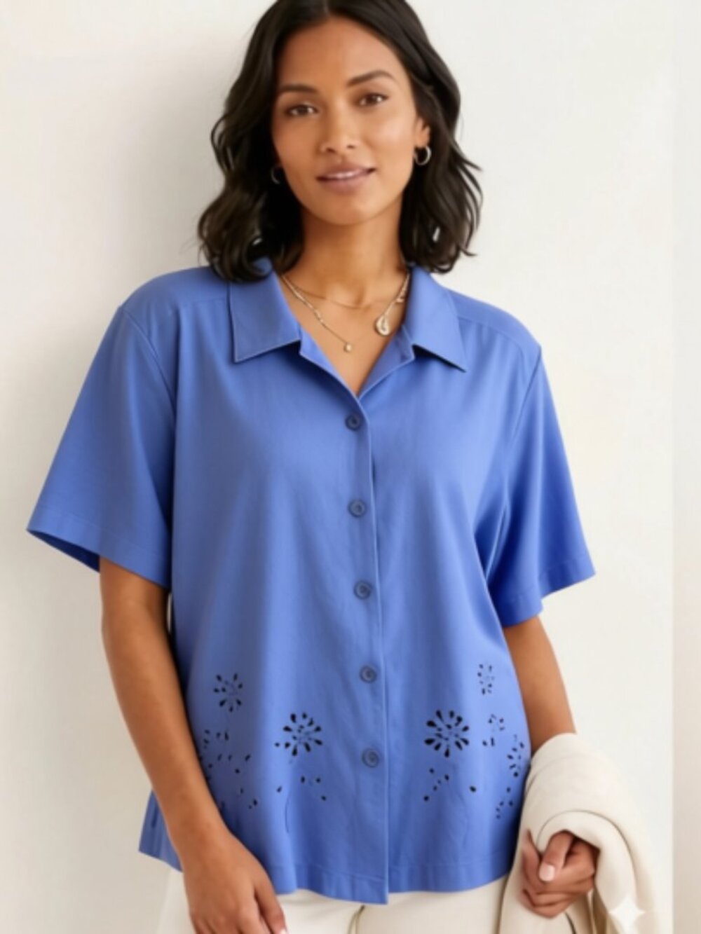 Erika Womens Top Blouse Button Up Front Eyelet Details Linen Blend Blue Size 2X